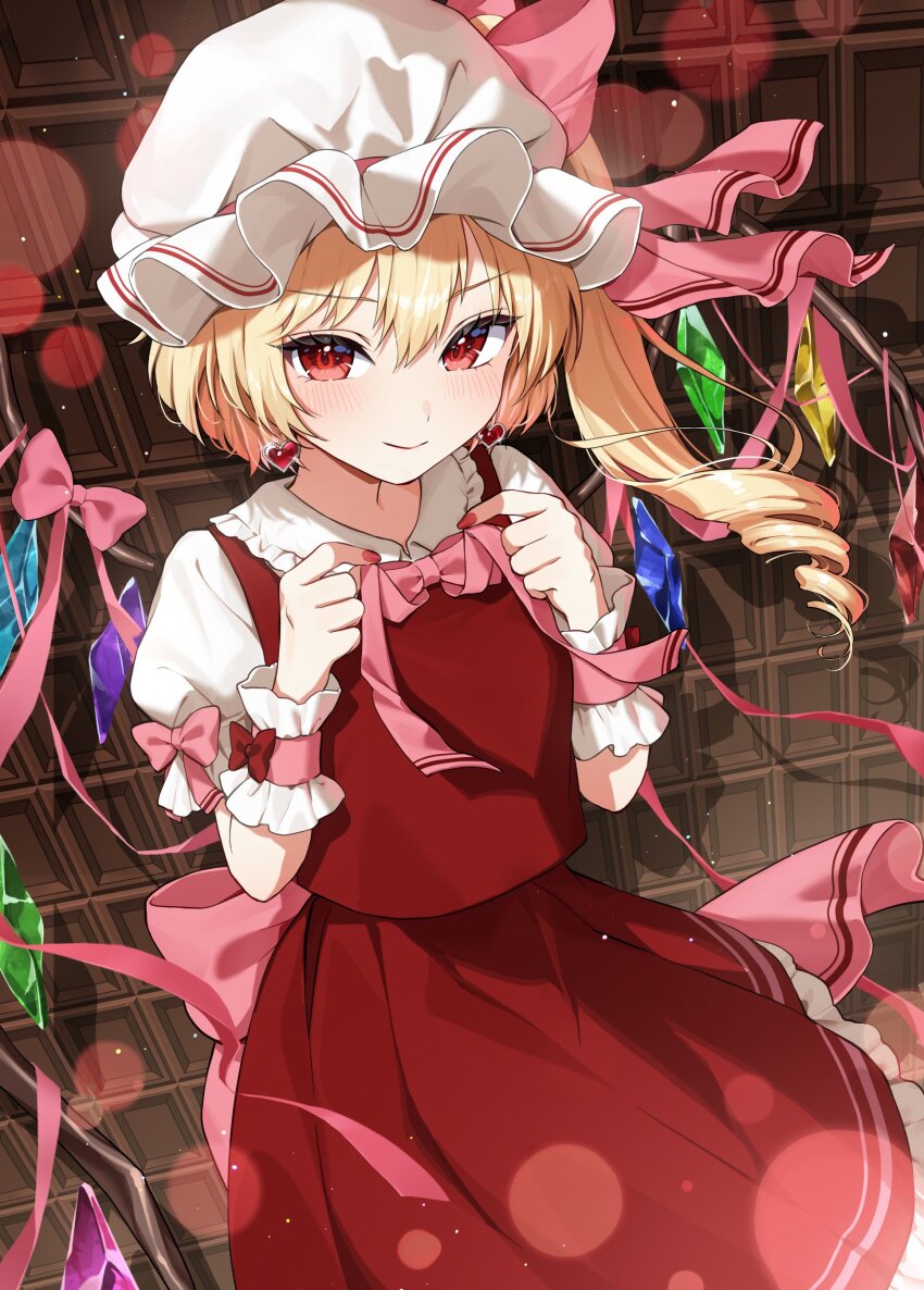 1girl absurdres back_bow blush bow candy chocolate chocolate_bar commentary_request cowboy_shot crystal drill_hair earrings flandre_scarlet food food-themed_background frilled_shirt_collar frilled_skirt frills hair_bow hat heart heart_earrings highres jewelry long_hair looking_at_viewer maruta_(shummylass) mob_cap one_side_up pink_bow pink_ribbon puffy_short_sleeves puffy_sleeves red_bow red_eyes red_nails red_skirt red_vest ribbon shirt short_hair short_sleeves skirt smile solo touhou vest white_hat white_shirt wings wrist_cuffs