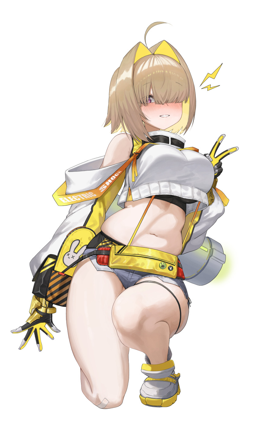 1girl :d absurdres ahoge bandaid bandaid_on_knee bandaid_on_leg black_gloves black_sports_bra blonde_hair blush boomstick_(nikke) breasts che_(komulkomul48) clothing_cutout commentary crop_top crop_top_overhang cropped_sweater elegg_(nikke) eyebrows_hidden_by_hair eyelashes full_body gloves goddess_of_victory:_nikke grey_footwear grey_shorts hair_intakes hair_over_eyes highres large_breasts lightning_bolt_symbol long_bangs looking_at_viewer micro_shorts midriff multicolored_clothes multicolored_footwear multicolored_gloves multicolored_hair navel on_one_knee open_mouth parted_lips plump pouch short_hair shorts shoulder_cutout simple_background smile solo sports_bra suspender_shorts suspenders turtleneck two-sided_gloves v waist_bag white_background yellow_eyes yellow_gloves