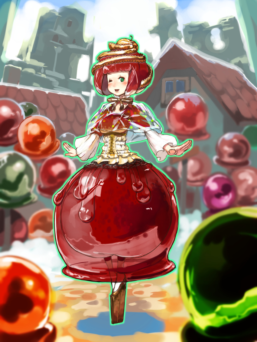 1girl apple apple_hair_ornament blunt_bangs blush bubble_skirt candy_apple capelet corset dress female_focus food food-themed_clothes food-themed_hair_ornament fruit full_body gingerbread_house green_eyes hair_ornament highres kasutank long_sleeves looking_at_viewer neck_ribbon one_eye_closed open_mouth original outstretched_arms personification platform_footwear pocketland red_dress red_hair ribbon see-through_clothes short_hair skirt smile solo standing sweets underbust