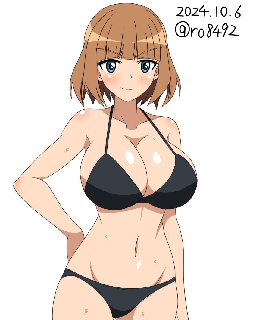 1girl bikini black_bra black_panties blush bra brave_witches breasts gundula_rall hand_on_own_hip highres huge_breasts navel orange_hair panties ryohei-0617 short_hair simple_background smile standing swimsuit underwear white_background world_witches_series