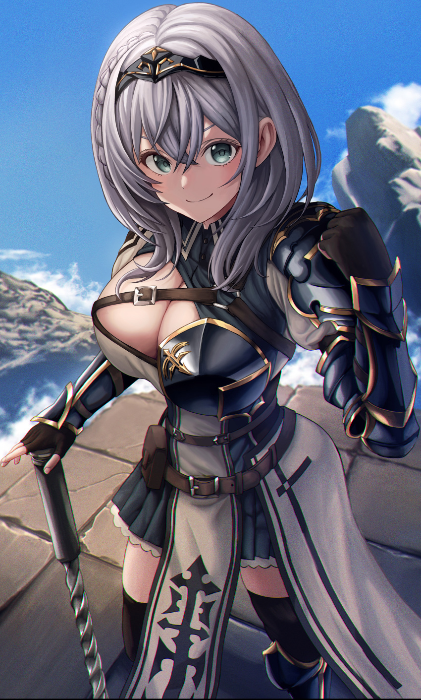 1girl absurdres armor armored_dress belt black_dress black_gloves black_thighhighs blue_sky breasts chest_belt cleavage cloud dress fingerless_gloves gloves green_eyes grey_hair highres hololive konbanwa01 large_breasts looking_at_viewer shirogane_noel shirogane_noel_(1st_costume) short_hair sky smile solo thighhighs two-tone_dress virtual_youtuber white_dress