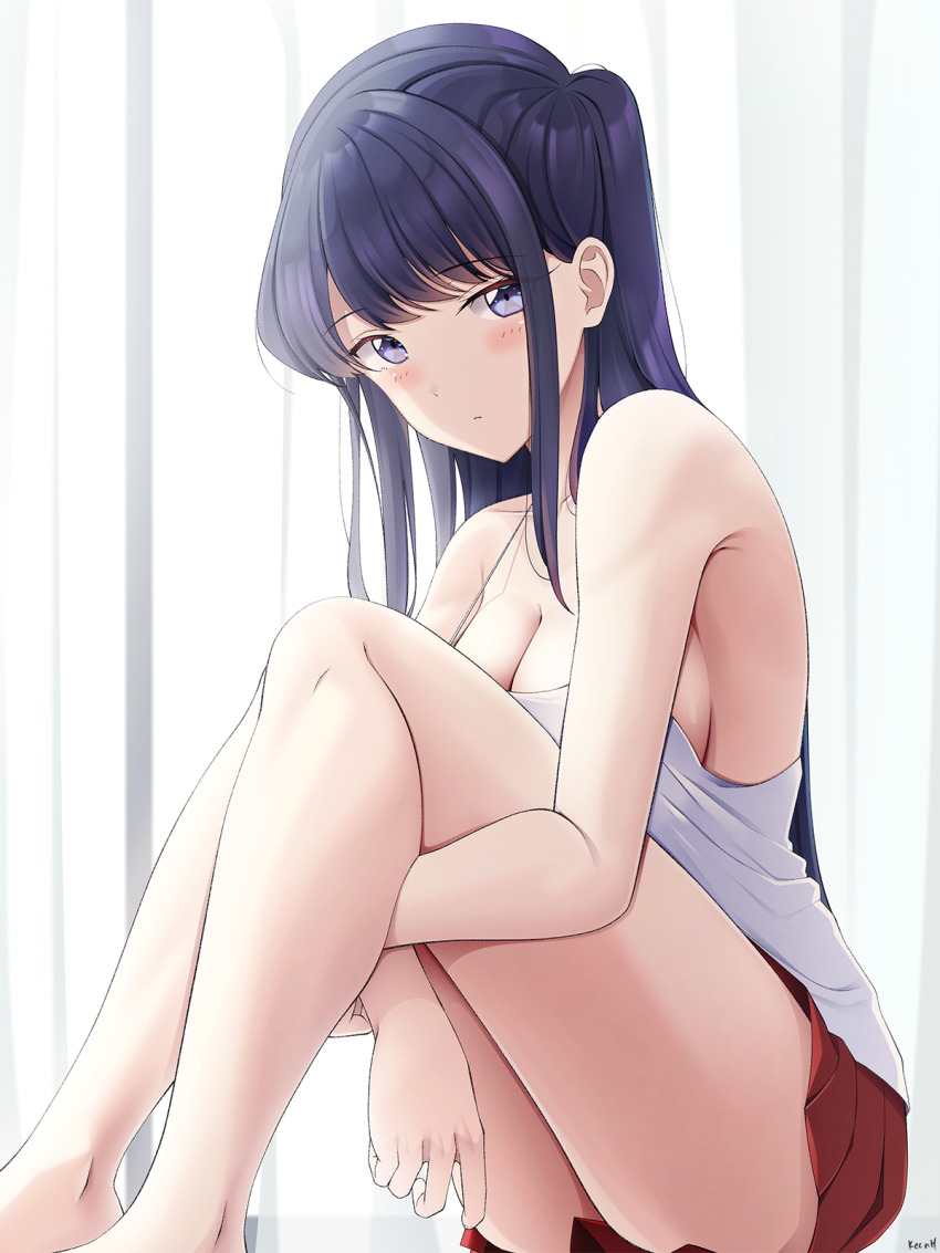 1girl bad_id bad_pixiv_id black_hair blue_eyes blush breasts camisole cleavage closed_mouth feet_out_of_frame highres hugging_own_legs keenh knees_up komi-san_wa_komyushou_desu komi_shouko legs legs_together long_hair looking_at_viewer medium_breasts miniskirt red_skirt sideboob skirt solo spaghetti_strap strap_gap thighs