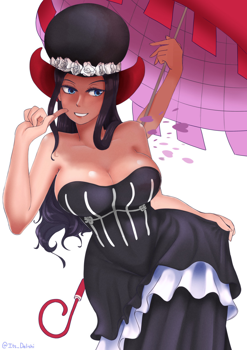 1girl absurdres bare_shoulders black_dress black_hair blue_eyes breasts cleavage cosplay dress extra_arms hana_hana_no_mi hat highres its_delishi large_breasts long_hair nico_robin one_piece perona perona_(cosplay) simple_background solo top_hat twitter_username umbrella white_background