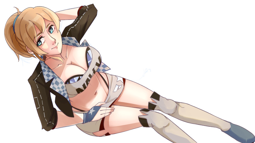 1girl alternate_costume bandeau black_jacket black_panties blue_eyes blue_gloves breasts brown_hair character_name checkered_clothes cleavage commentary cropped_jacket english_commentary gloves grey_bandeau grey_skirt grey_thighhighs hand_on_lap highleg highleg_panties highres intrepid_(kancolle) jacket kantai_collection large_breasts mcxarts miniskirt multicolored_bandeau panties ponytail race_queen short_hair simple_background sitting skirt solo star_(symbol) star_print thighhighs underwear white_background