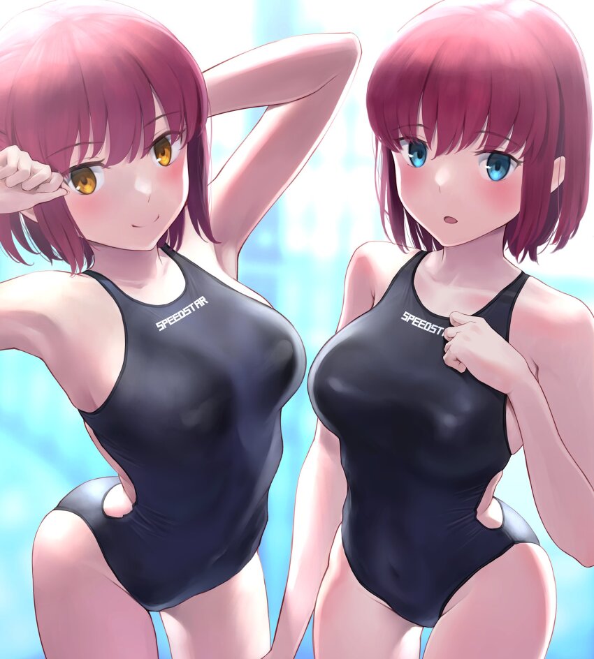 2girls absurdres bare_shoulders blue_eyes blush breasts collarbone highres hisui_(tsukihime) kohaku_(tsukihime) large_breasts looking_at_viewer multiple_girls one-piece_swimsuit open_mouth red_hair short_hair smile swimsuit thighs tsukihime wa_(genryusui) yellow_eyes