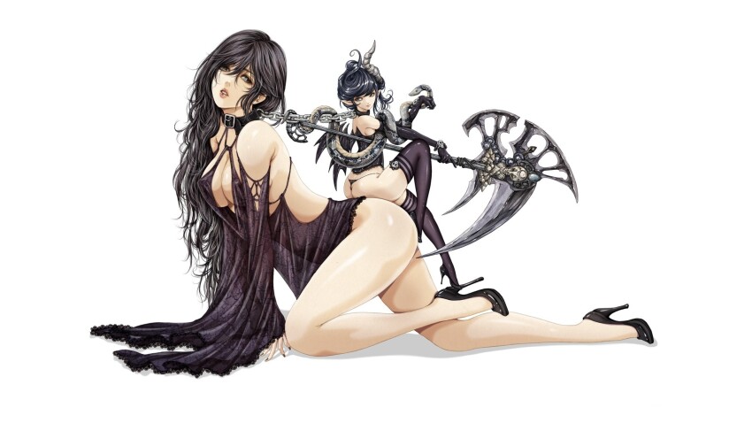 2girls animal artist_request ass black_dress black_eyes black_hair breasts chain character_request copyright_request dress femdom full_body giant giantess hanging_breasts high_heels holding holding_weapon large_breasts lips long_hair looking_back multiple_girls patent_heels pumps scythe shoes sitting sitting_on_person smaller_dominant snake stiletto_heels thighhighs weapon white_background