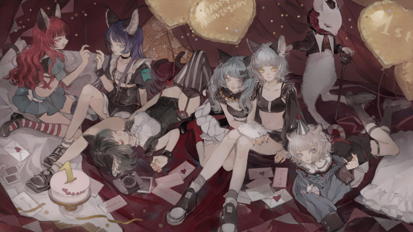 6+girls animal animal_ears aqua_hair balloon black_bra black_hair blue_eyes blue_hair blunt_bangs bow bra breasts cake cat_ears cat_girl cat_tail choker commentary_request food frilled_skirt frills garter_belt green_eyes grey_hair hair_bow happy_anniversary hat heart_balloon highres kamitsubaki_studio letter long_hair love_letter mary_janes medium_hair mini_hat mouse_(animal) multiple_girls muted_color nail_polish neck_ruff nekosuke_(oxo) oversized_animal panties pink_eyes puffy_short_sleeves puffy_sleeves red_background red_eyes red_hair shoes short_hair short_sleeves shorts sinsekai_studio skirt sneakers tail teardrop_facial_mark thighhighs underwear valis_(sinsekai) white_hair yellow_eyes