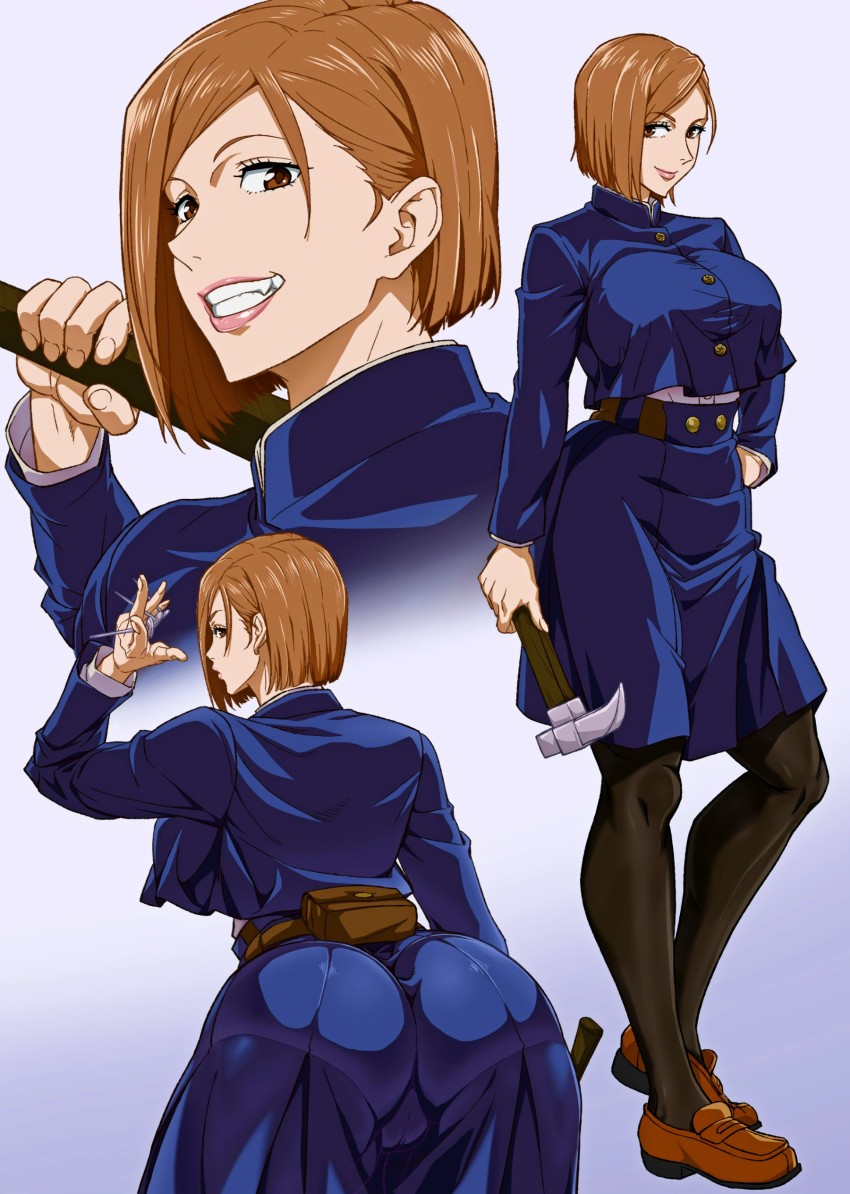 1girl absurdres ass breasts cameltoe female_focus full_body highres jujutsu_kaisen kugisaki_nobara large_breasts looking_at_viewer numahana red_hair school_uniform short_hair skin_tight smile solo standing tomboy toned toned_female wide_hips