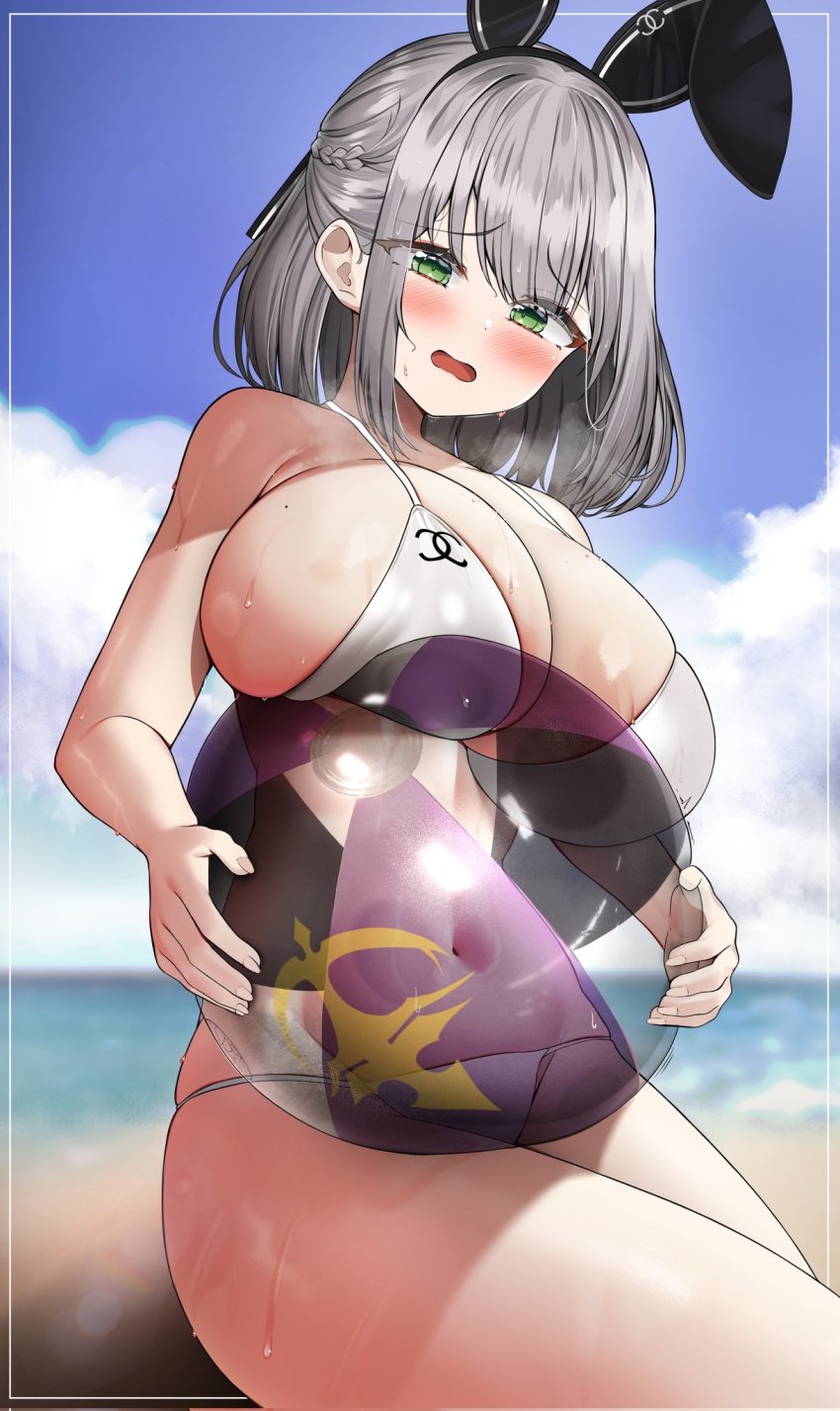 1girl animal_ears ball bare_shoulders beach beachball bikini black_hairband blurry blurry_background blush bob_cut braid breast_press breasts chanel day fake_animal_ears green_eyes grey_hair hair_between_eyes hairband highres holding holding_ball holding_beachball hololive huge_breasts kuse_(0201) looking_at_viewer medium_hair mole mole_on_breast navel open_mouth rabbit_ears shirogane_noel sitting solo sweat swimsuit transparent virtual_youtuber white_bikini