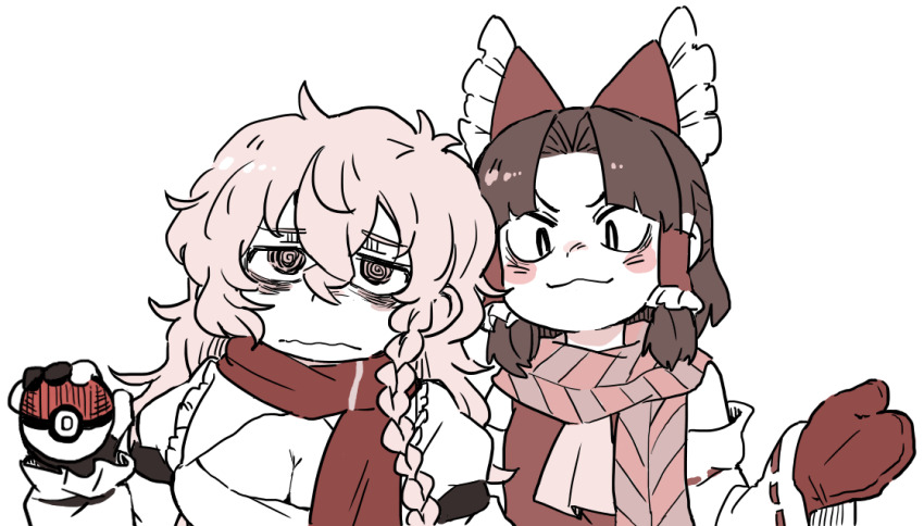 2girls :3 @_@ benikurage_(cookie) blonde_hair blunt_bangs blush bow braid breasts brown_hair brown_scarf bseibutsu cleavage closed_mouth commentary_request cookie_(touhou) creatures_(company) detached_sleeves frilled_bow frilled_hair_tubes frills game_freak hair_bow hair_tubes hakurei_reimu holding holding_poke_ball kirisame_marisa large_breasts long_hair looking_at_viewer mars_(cookie) messy_hair mittens multiple_girls nintendo orange_scarf poke_ball pokemon red_bow red_mittens red_scarf ribbon-trimmed_sleeves ribbon_trim scarf shirt side_braid sidelocks simple_background single_braid sleeveless sleeveless_shirt smile striped_clothes striped_scarf touhou upper_body v-shaped_eyebrows wavy_mouth white_background white_sleeves yellow_eyes