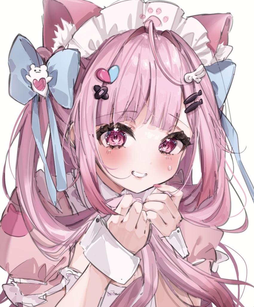 ahoge animal_ear_fluff animal_ears aqua_bow bandaid bandaid_hair_ornament bow cat_ears fish_hair_ornament ghost_hair_ornament hair_bow hair_ornament hairclip heart heart_hair_ornament heart_in_eye highres holding holding_own_hair indie_virtual_youtuber long_hair maid_headdress multiple_hair_bows opera_(rawz3335) pink_eyes pink_hair puffy_short_sleeves puffy_sleeves short_sleeves sweatdrop symbol_in_eye twintails virtual_youtuber white_background wing_hair_ornament wrist_cuffs yuuki_sakuna