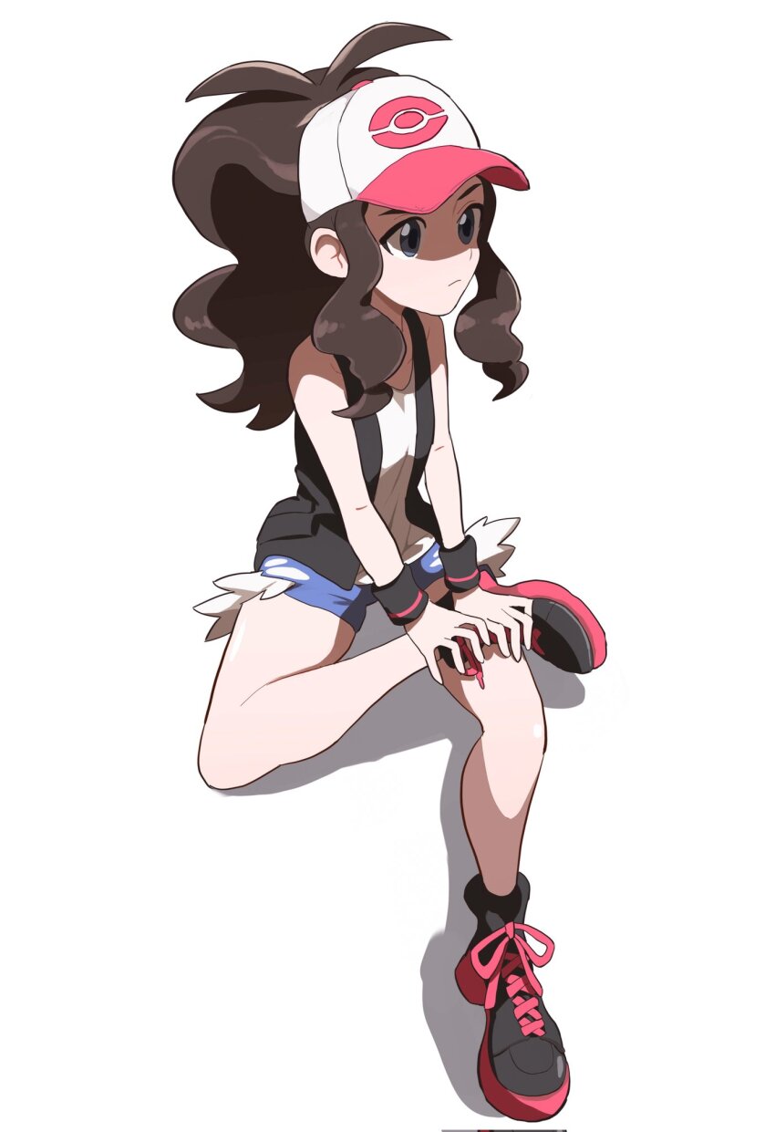 1girl antenna_hair baeming bare_shoulders baseball_cap black_footwear black_vest blue_eyes blue_shorts boots brown_hair closed_mouth creatures_(company) cross-laced_footwear cutoffs frown full_body game_freak hat highres hilda_(pokemon) korean_commentary lace-up_boots long_hair nintendo open_clothes open_vest pokemon pokemon_bw ponytail shadow shirt shorts simple_background sitting solo vest white_background white_shirt