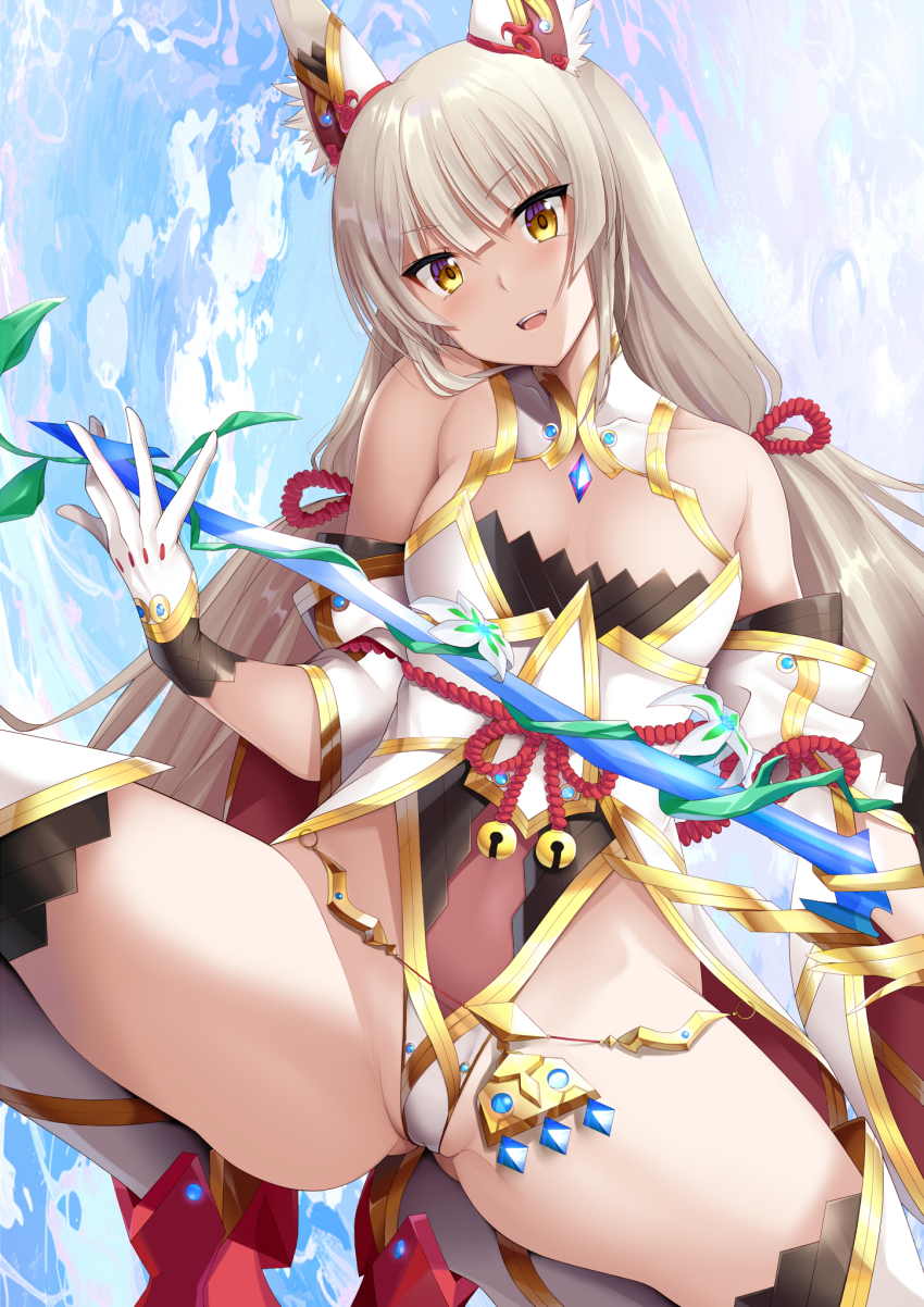 1girl animal_ears bare_shoulders breasts cameltoe catalyst_scimitar daive detached_sleeves gloves gluteal_fold grey_hair head_tilt highleg highleg_leotard highres leotard long_hair looking_at_viewer low_twintails nia_(blade)_(xenoblade) nia_(xenoblade) red_footwear small_breasts squatting sword thighhighs twintails weapon white_gloves xenoblade_chronicles_(series) xenoblade_chronicles_2 yellow_eyes