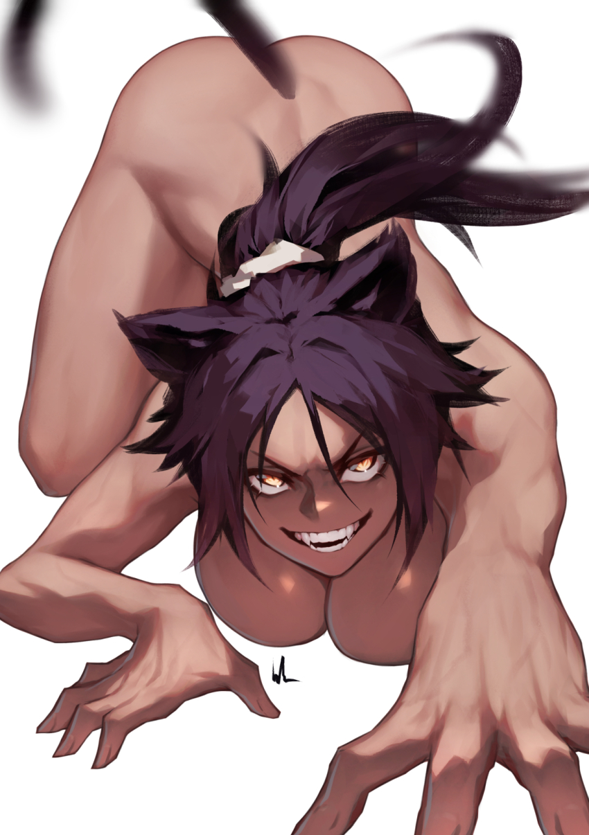 1girl animal_ears ass bleach bluecup breasts cat_ears cat_tail completely_nude crawling dark-skinned_female dark_skin hair_between_eyes highres large_breasts long_hair looking_at_viewer lying nude on_stomach ponytail purple_hair shihouin_yoruichi signature smile solo tail teeth thighs toned v-shaped_eyebrows yellow_eyes