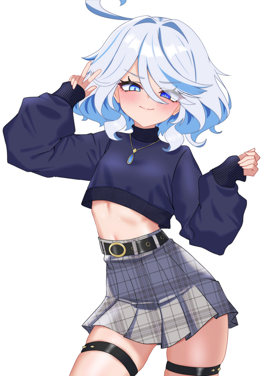 1girl absurdres ahoge alternate_costume belt blue_eyes blue_shirt closed_mouth contrapposto cowboy_shot crop_top crop_top_overhang furina_(genshin_impact) genshin_impact grey_skirt hands_up heterochromia high-waist_skirt highres jewelry long_sleeves looking_at_viewer midriff mismatched_pupils multicolored_hair navel necklace oldsickkim plaid_clothes plaid_skirt pleated_skirt puffy_long_sleeves puffy_sleeves shirt short_hair simple_background skindentation skirt smile solo standing streaked_hair swept_bangs thigh_strap unmoving_pattern v v-shaped_eyebrows white_background white_hair