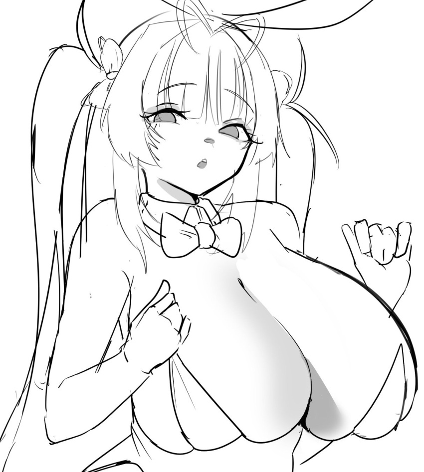 1girl :o adjusting_clothes animal_ears antenna_hair bow bowtie breasts detached_collar fake_animal_ears goddess_of_victory:_nikke greyscale heart_antenna_hair highres huge_breasts leotard long_hair monochrome parted_lips playboy_bunny rabbit_ears skirt soda_(nikke) soda_(twinkling_bunny)_(nikke) solo strapless strapless_leotard twintails unknownnoname0