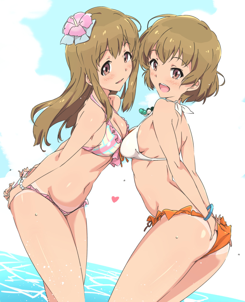 2girls :d bikini blue_sky breasts brown_eyes brown_hair cloud commentary_request day flower hair_flower hair_ornament highres long_hair looking_at_viewer medium_breasts multiple_girls ocean open_mouth pink_flower short_hair siblings sisters sky smile sugihara_marika sugihara_sakura swimsuit umanosuke wake_up_girls! wake_up_girls!_stage_no_tenshi