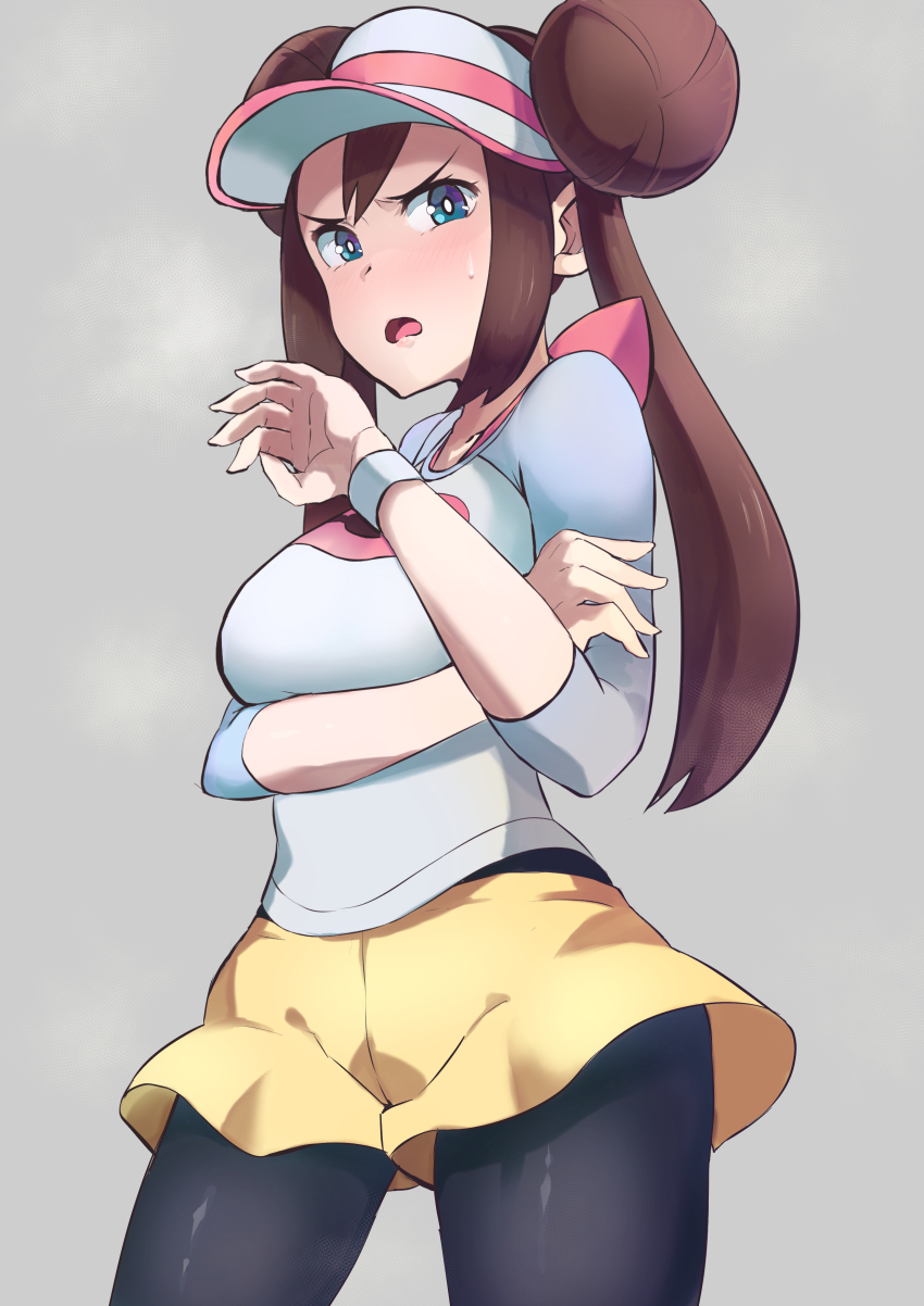 1girl absurdres blue_eyes breasts brown_hair creatures_(company) double_bun game_freak hair_bun highres long_hair looking_at_viewer low_twintails medium_breasts nintendo open_mouth pokemon pokemon_bw2 pokemon_masters_ex rosa_(pokemon) simple_background solo sonparesu standing tagme twintails