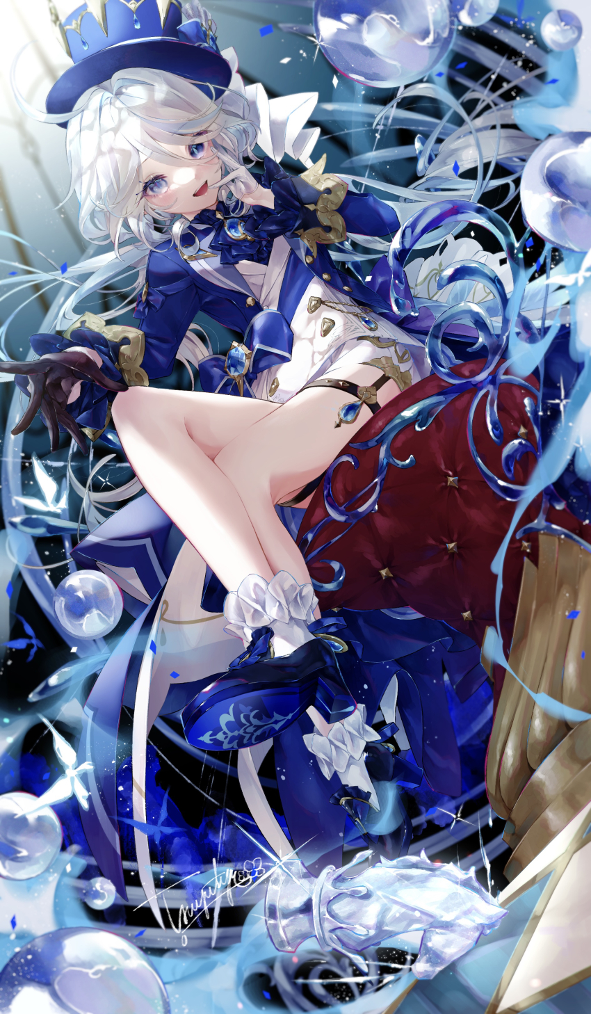 1girl :q absurdres air_bubble artist_name ascot black_gloves blue_ascot blue_brooch blue_hair blue_hat blue_jacket blush bubble crossed_legs full_body furina_(genshin_impact) genshin_impact gloves hair_between_eyes hat highres jacket light light_blue_hair light_particles long_hair looking_at_viewer open_mouth shirt sitting smile solo teeth tongue tongue_out top_hat tsuyutya upper_teeth_only white_gloves white_shirt