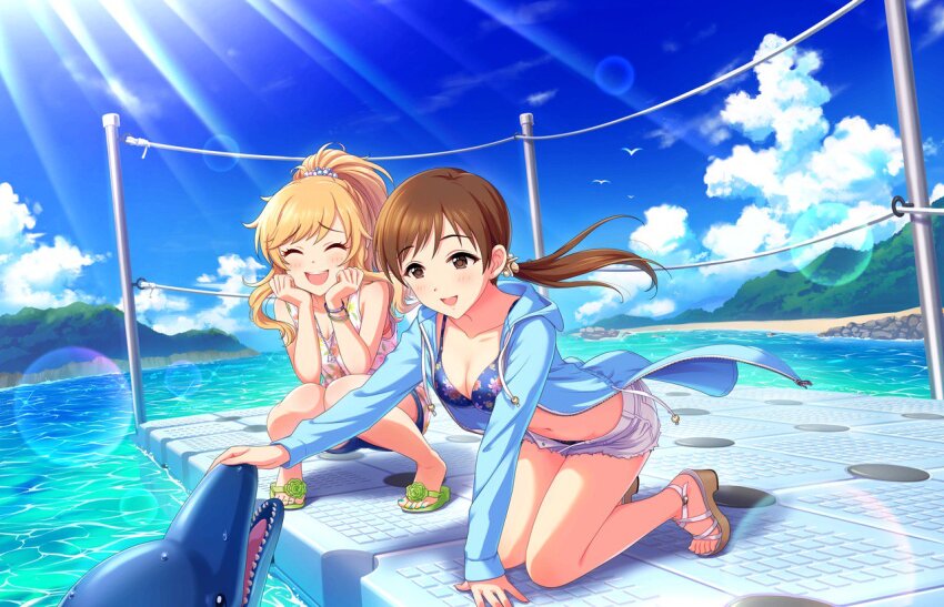 2girls :d bare_legs barefoot beach bikini blonde_hair blue_sky bracelet breasts brown_eyes brown_hair cleavage closed_eyes cloud cumulonimbus_cloud denim denim_shorts dolphin flip-flops full_body hand_on_animal hands_on_own_cheeks hands_on_own_face idolmaster idolmaster_cinderella_girls idolmaster_cinderella_girls_starlight_stage jacket jewelry kiryu_tsukasa_(idolmaster) kneeling light_rays long_hair low_ponytail multiple_girls nitta_minami ocean official_art ohtsuki_yui open_clothes open_jacket open_mouth ponytail raised_inner_eyebrows sandals shorts sky smile squatting strappy_heels swimsuit tareme third-party_source tile_floor tiles tree vest