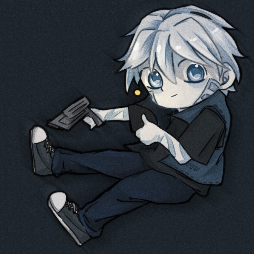 blue_eyes chibi converse gun parzival ready_player_one shoes tagme wade_owen_watts weapon