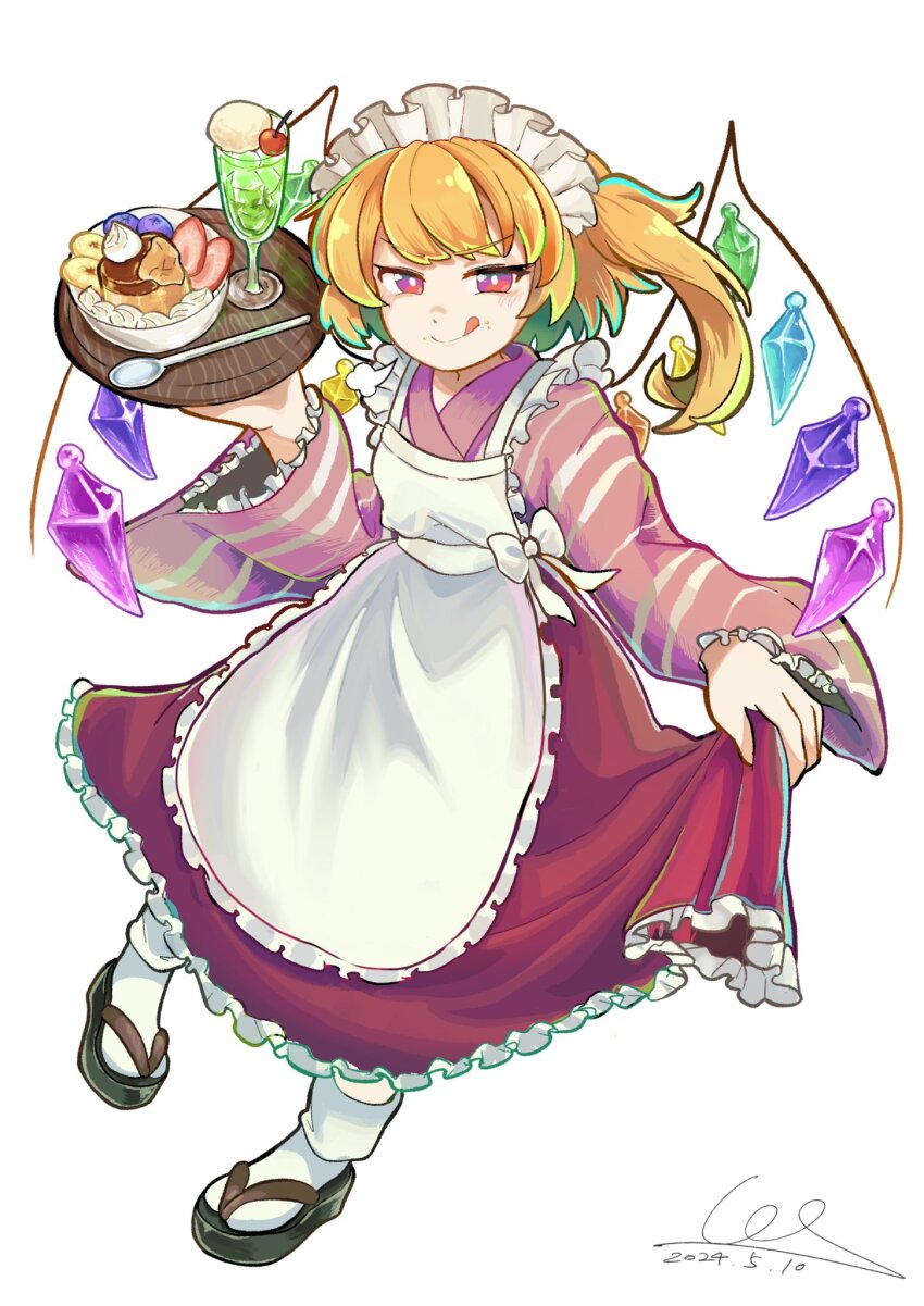 1girl :q alternate_costume apron blonde_hair cherry closed_mouth crystal_wings flandre_scarlet food fruit geta highres holding holding_tray ice_cream ice_cream_float japanese_clothes kimono kl_oekaki long_sleeves maid maid_apron maid_headdress melon_soda pink_kimono pudding side_ponytail smile socks solo strawberry strawberry_slice tongue tongue_out touhou tray wa_maid white_socks wide_sleeves