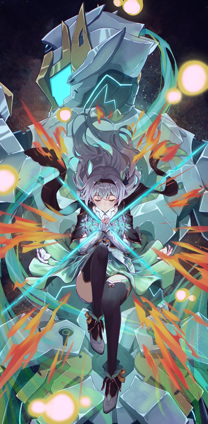 1girl absurdres armor black_hairband closed_eyes collared_shirt cropped_jacket dress fire firefly_(honkai:_star_rail) floating_hair frilled_sleeves frills full_body green_dress green_thighhighs grey_armor grey_hair hair_between_eyes hair_ornament hairband helmet henshin high_heels highres honkai:_star_rail honkai_(series) kryto_arts long_hair long_sleeves looking_back neckerchief orange_neckerchief power_armor sam_(honkai:_star_rail) shirt solo thighhighs