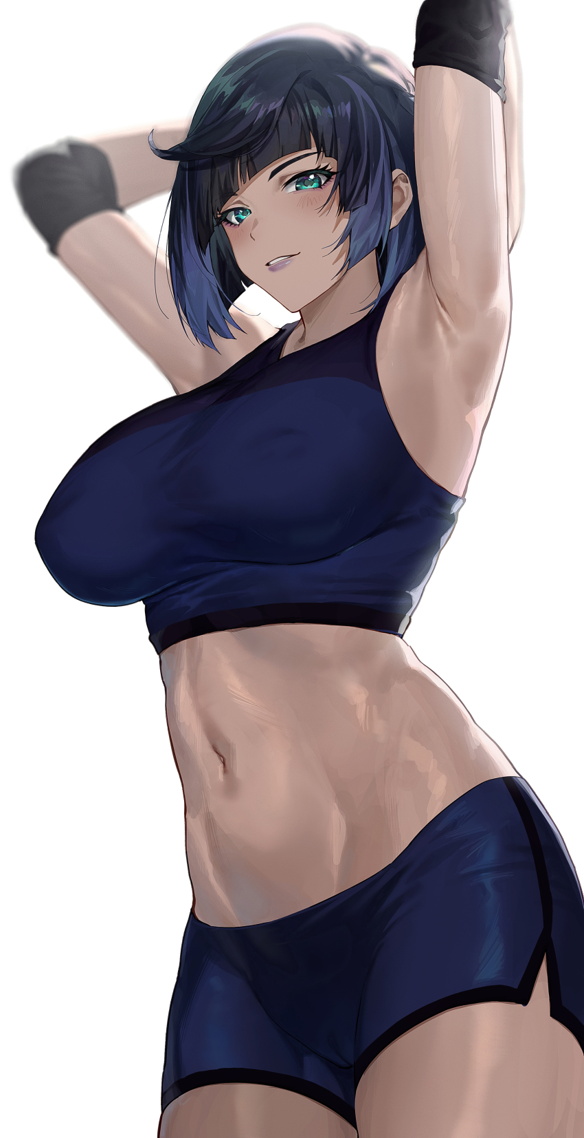 1girl absurdres alternate_costume armpits arms_behind_head arms_up black_hair blue_hair blunt_bangs blush breasts contemporary cozyu elbow_pads from_below genshin_impact green_eyes gym_shorts highres large_breasts lips looking_at_viewer multicolored_hair navel parted_lips short_hair short_shorts shorts simple_background solo sports_bra sportswear stomach two-tone_hair white_background yelan_(genshin_impact)