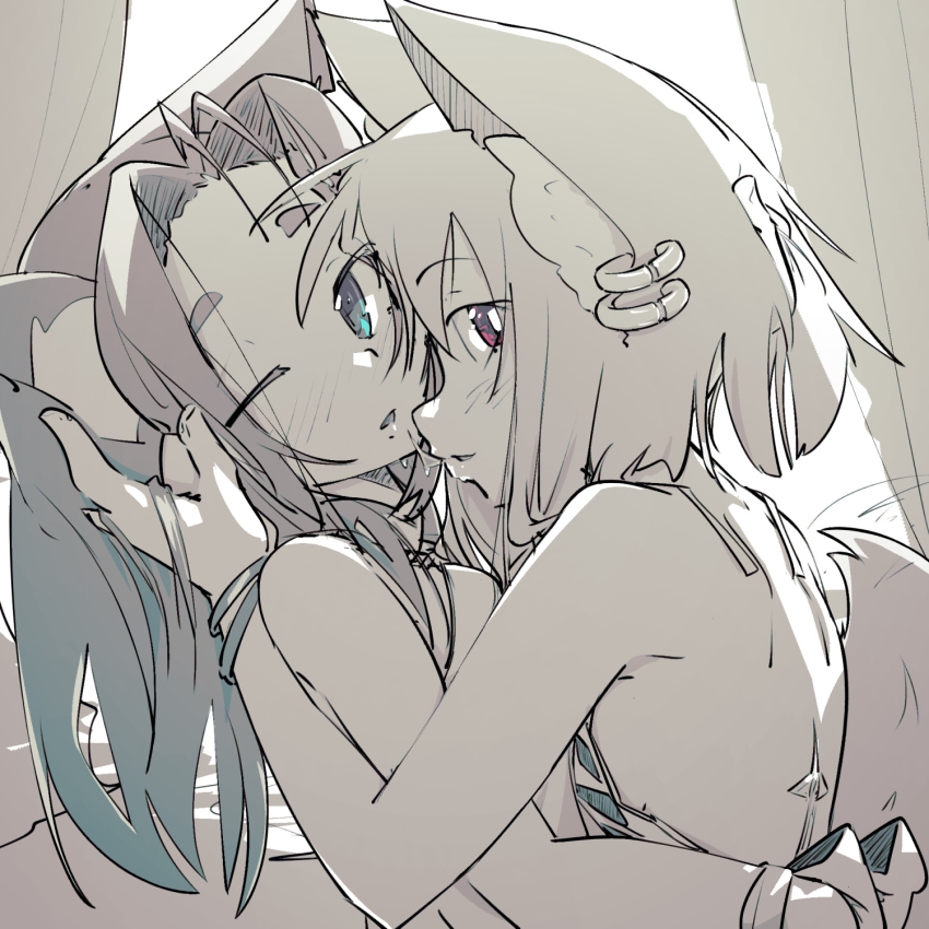 2girls after_kiss animal_ear_fluff animal_ear_piercing animal_ears antenna_hair aqua_eyes bare_back bare_shoulders blush bracelet breasts dress flat_chest forehead fox_ears fox_girl fox_tail from_side gold_(mantafriend) hair_between_eyes hair_intakes highres hug jewelry looking_at_viewer medium_hair multiple_girls one_eye_closed original parted_lips platinum_(mantafriend) red_eyes saliva saliva_trail sideboob sidelocks silica_(mantafriend) small_breasts tail upper_body yuri