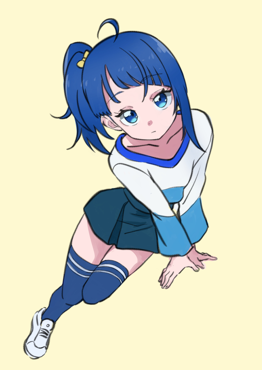 1girl absurdres ahoge arm_support blue_eyes blue_hair blue_shirt blue_skirt blue_thighhighs bow casual closed_mouth commentary cut_bangs dutch_angle hair_bow highres hirogaru_sky!_precure light_frown long_sleeves looking_at_viewer lying medium_hair miniskirt on_side pleated_skirt precure shirt shoes side_ponytail single_sidelock skirt sneakers solo sora_harewataru t-shirt tankobukids thighhighs two-tone_shirt white_shirt white_shoes yellow_background yellow_bow