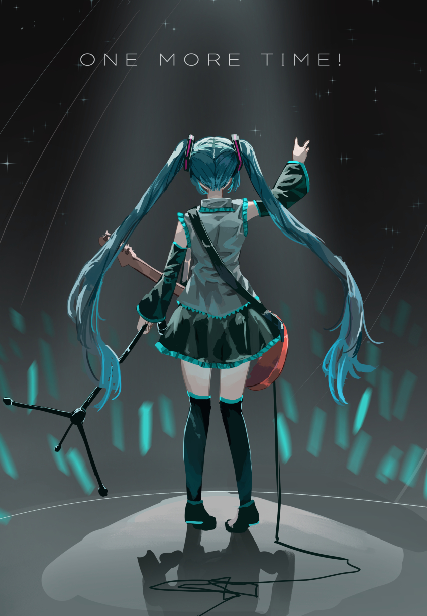 1girl absurdres aqua_hair arm_up black_footwear black_skirt black_sleeves boots commentary detached_sleeves english_commentary english_text facing_away from_behind full_body glowstick grey_shirt guitar hair_ornament hatsune_miku highres holding holding_microphone_stand instrument long_hair long_sleeves microphone_stand miniskirt penlight_(glowstick) pleated_skirt shirt skirt sleeveless sleeveless_shirt solo standing thigh_boots twintails vanilla_flan very_long_hair vocaloid