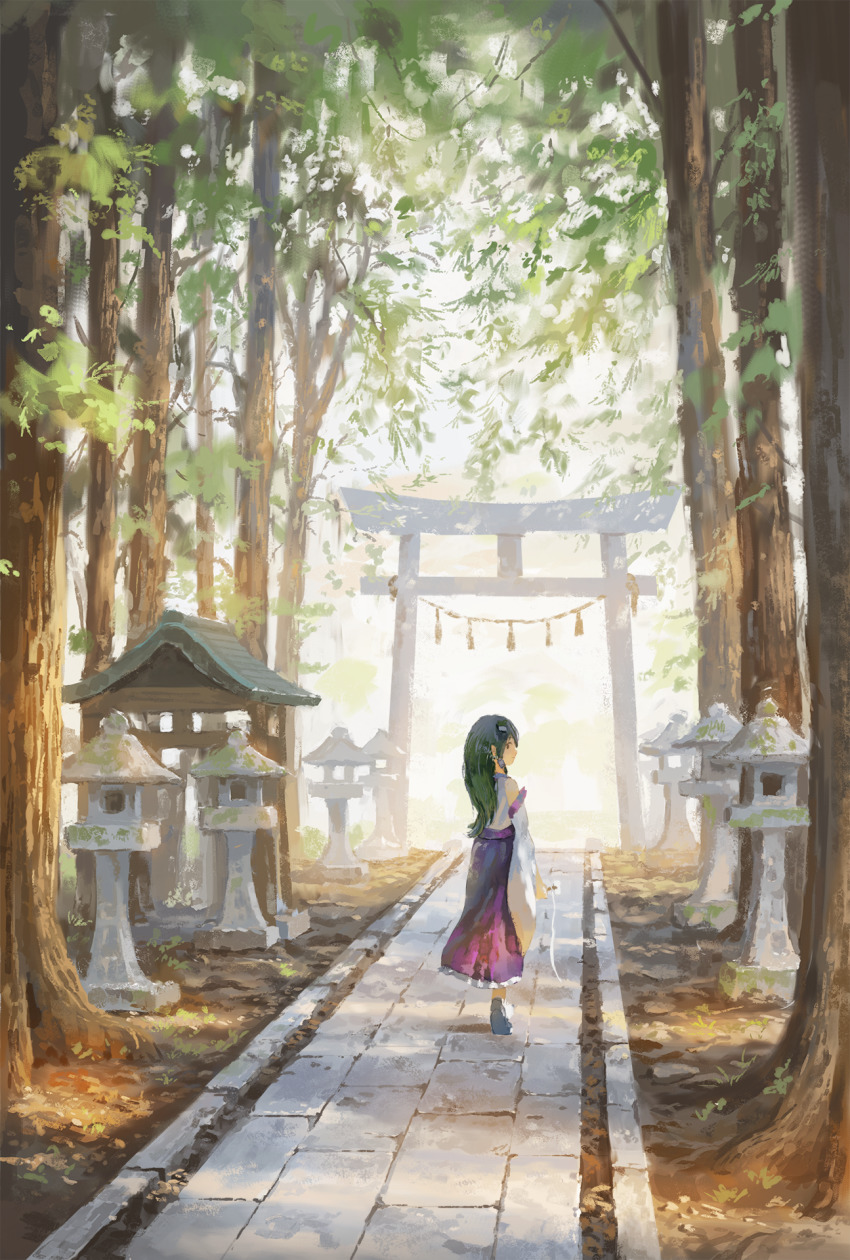 1girl blouse blue_skirt fjsmu frog_hair_ornament from_behind gohei green_hair hair_ornament highres japanese_clothes kochiya_sanae looking_back miko moriya_shrine rope shimenawa shirt skirt solo torii touhou tree white_shirt