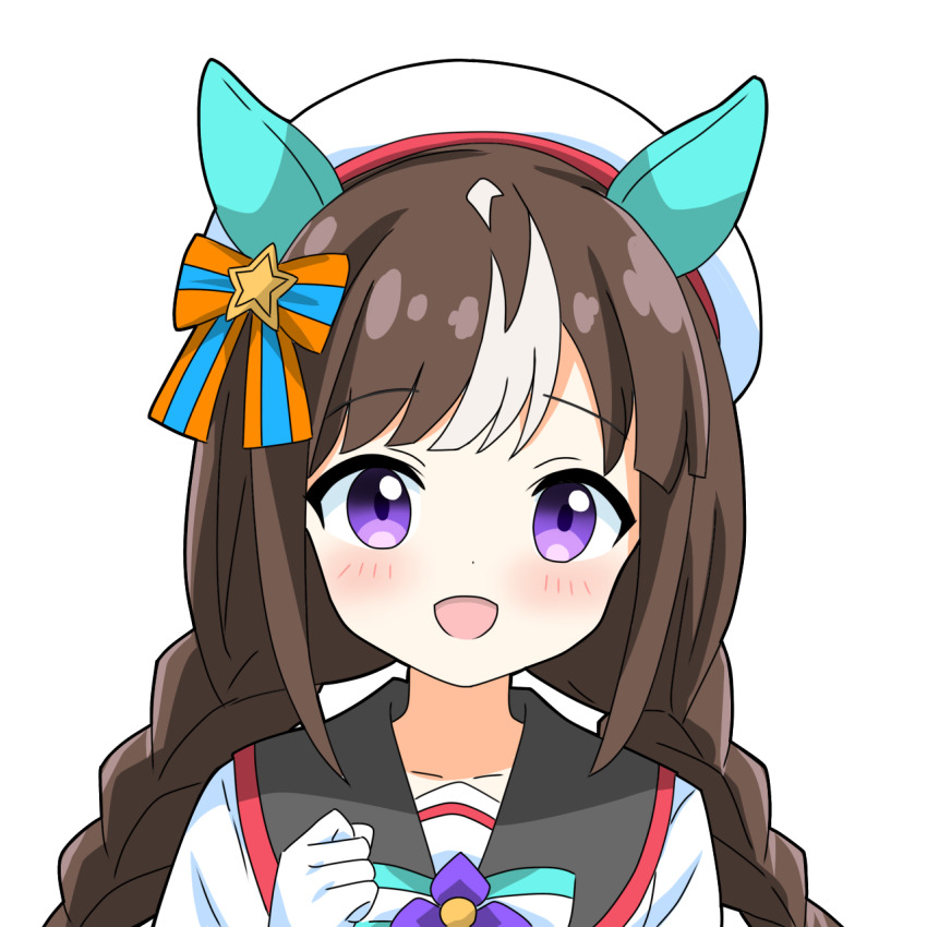 1girl :d animal_ears black_sailor_collar blush braid brown_hair collarbone commentary_request dot_nose gloves hair_ornament hand_up hat highres hokko_tarumae_(umamusume) horse_ears horse_girl kotatsu-mazoku long_hair looking_at_viewer multicolored_hair open_mouth purple_eyes sailor_collar simple_background smile solo star_(symbol) star_hair_ornament streaked_hair twin_braids umamusume white_background white_gloves white_hair white_hat