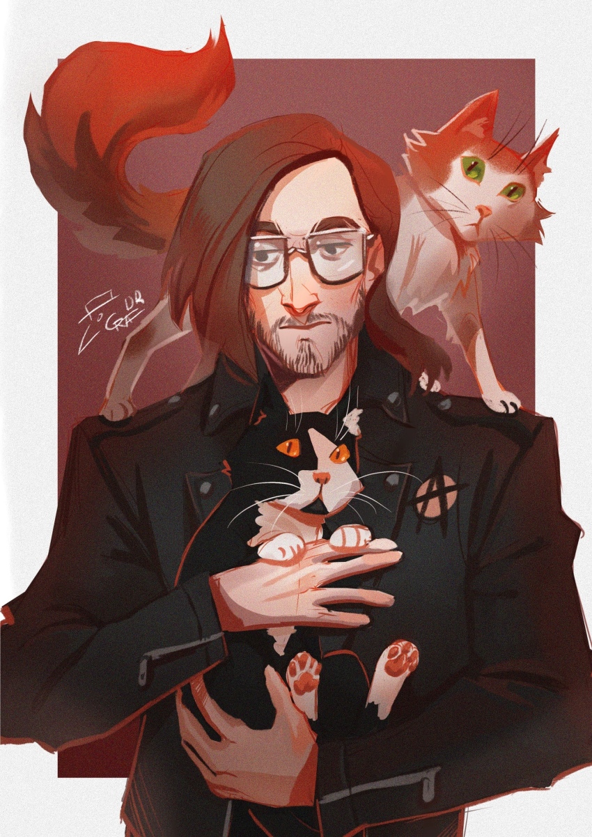 1boy anarchy_symbol animal animal_on_shoulder artist_name beard beard_stubble black_cat black_eyes black_jacket brown_hair buttons cat cat_on_shoulder closed_mouth dr.graf egor_letov facial_hair glasses grazhdanskaya_oborona_(band) green_eyes highres holding holding_animal holding_cat jacket leather leather_jacket lips long_hair looking_to_the_side male_focus multiple_cats orange_cat orange_eyes original russian_text sad signature sleeve_zipper stubble zipper