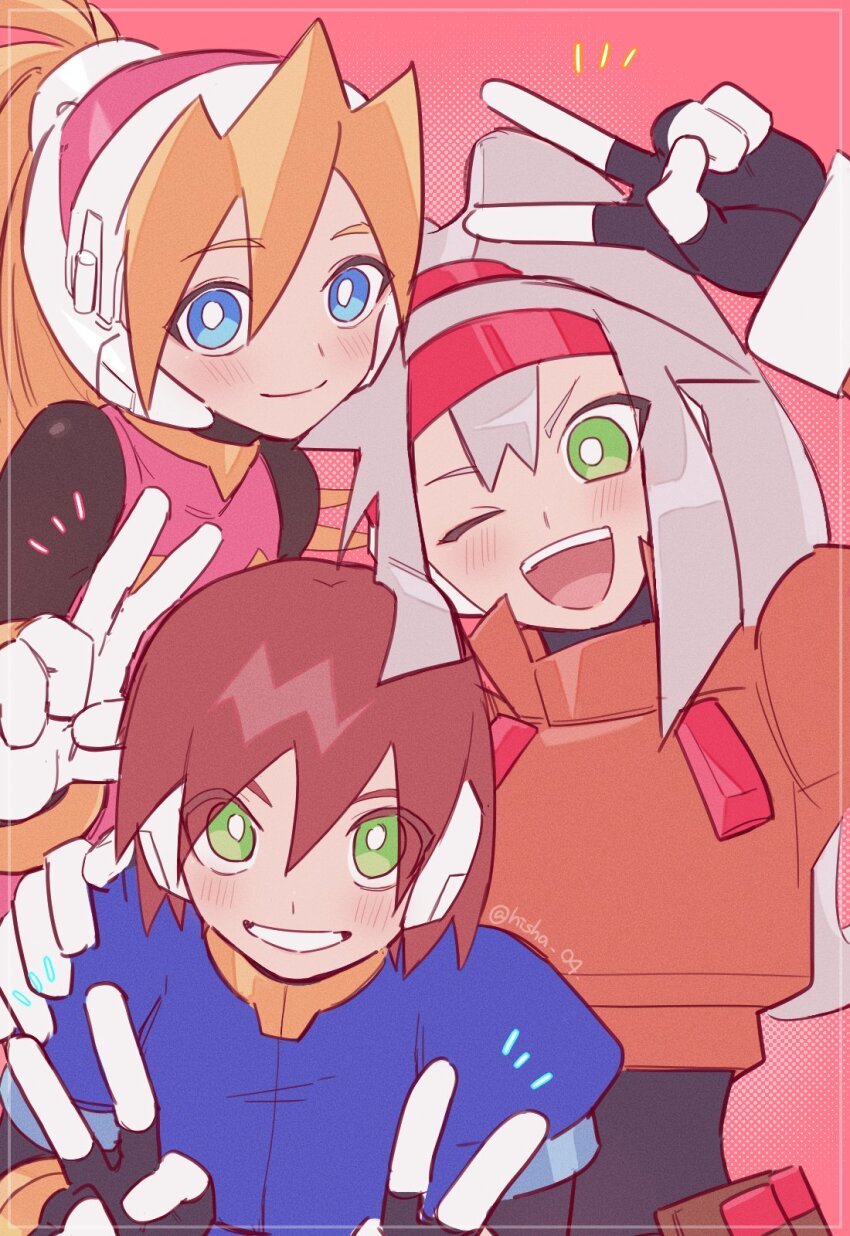 3girls aile_(mega_man_zx) ashe_(mega_man) black_bodysuit blonde_hair blue_eyes blue_jacket blush bodysuit bodysuit_under_clothes brown_hair ciel_(mega_man) cropped_jacket double_v green_eyes grey_hair high_ponytail highres jacket long_hair mega_man_(series) mega_man_zero_(series) mega_man_zx mega_man_zx_advent multiple_girls one_eye_closed orange_jacket pink_shirt shirt short_hair twitter_username upper_body v vani_(hisha_04)