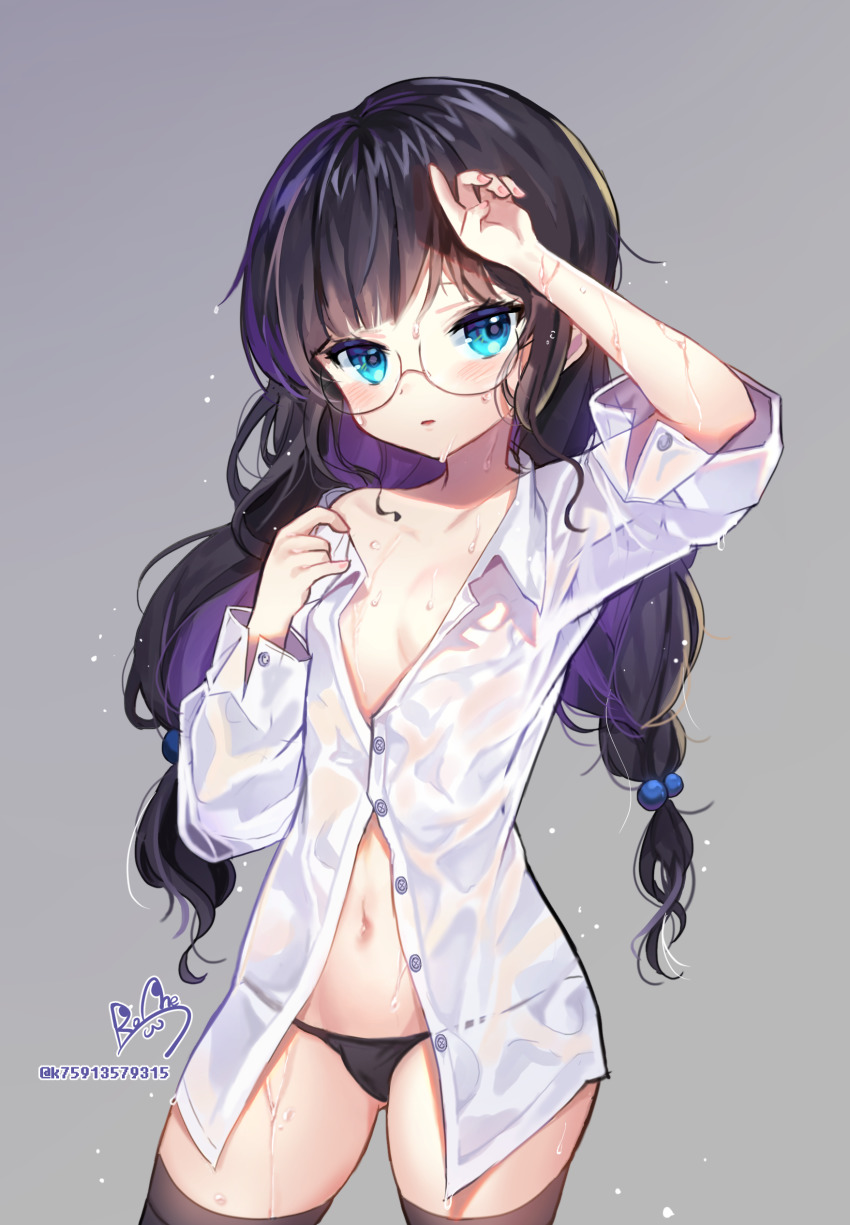 1girl absurdres arm_up bad_id bad_pixiv_id black_hair black_panties black_thighhighs blue_eyes blush collarbone collared_shirt commentary_request cowboy_shot dress_shirt flat_chest glasses gluteal_fold gradient_background grey_background hand_on_own_chest has_bad_revision has_downscaled_revision highres lerome long_hair looking_at_viewer low_twintails md5_mismatch navel no_bra no_pants open_clothes open_shirt original panties parted_lips partially_unbuttoned resolution_mismatch rimless_eyewear round_eyewear see-through_clothes shirt short_sleeves signature solo source_smaller thighhighs twintails underwear water wet wet_clothes wet_shirt