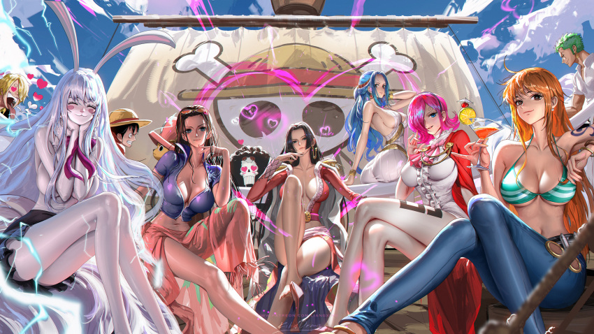 5boys 6+girls :3 ass bare_legs bikini bikini_top_only black_hair blonde_hair blue_hair boa_hancock breasts brook_(one_piece) carrot_(one_piece) commentary denim dress english_commentary eyewear_on_head furry furry_female grey_hair hat heart heart-shaped_eyes highres jeans jolly_roger liang_xing long_hair long_skirt looking_at_viewer mast monkey_d._luffy multiple_boys multiple_girls nami_(one_piece) nefertari_vivi nico_robin one_piece orange_hair pants pink_hair pirate_ship rabbit_girl roronoa_zoro sail sandals sanji_(one_piece) sarong sitting skirt smile sulong_form swimsuit tony_tony_chopper very_long_hair vinsmoke_reiju white_fur