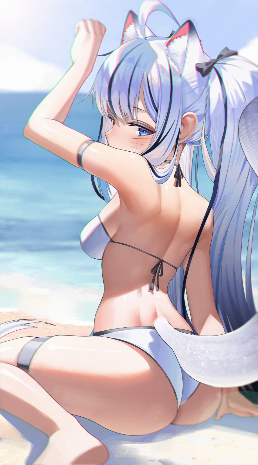 1girl absurdres ahoge animal_ears arm_strap arm_up armpits ass bare_back bare_shoulders barefoot beach bikini blue_eyes breasts cat_ears cat_girl cat_tail commentary commission extra_ears gimseol halterneck heterochromia highres honey_(angnyoung) long_hair looking_at_viewer looking_back median_furrow medium_breasts multicolored_hair original red_eyes sitting skindentation solo streaked_hair string_bikini swimsuit tail thigh_strap thighs twintails very_long_hair wariza water white_bikini white_hair