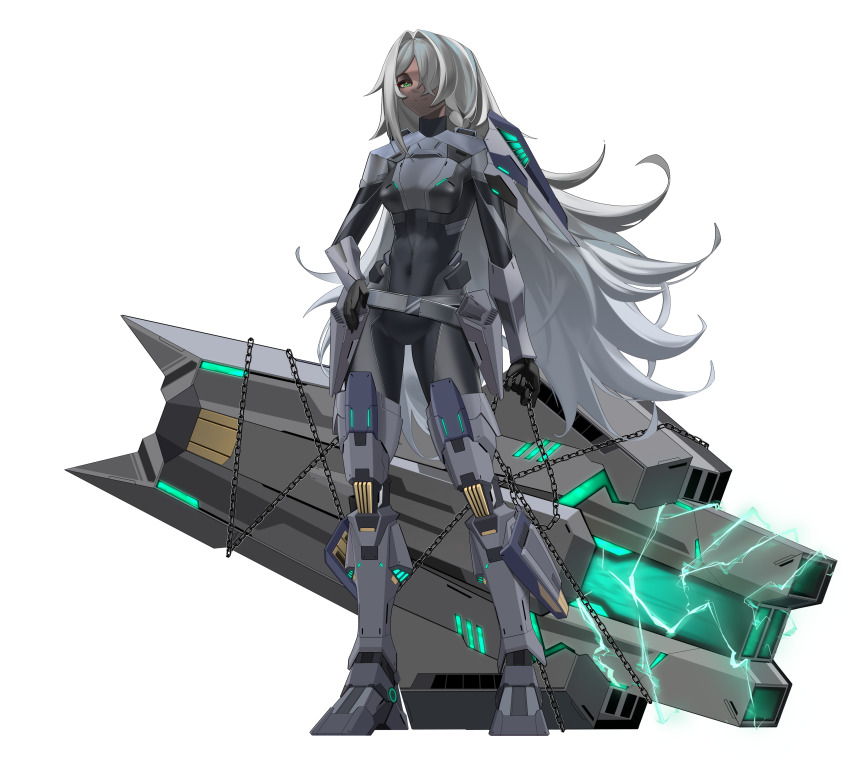 1girl abs absurdres alternate_costume armor armored_bodysuit armored_boots belt bodystocking boots breasts cannon chain commission commissioner_upload covered_abs dark-skinned_female dark_skin electricity energy_gun full_body gauntlets gloves green_eyes grey_hair highres hip_armor huge_weapon long_hair long_sleeves mechanical_legs medium_breasts multicolored_hair multiple_belts non-web_source original rhan shoulder_armor streaked_hair thighs transparent_background volantes weapon white_hair