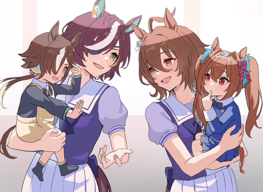 4girls aged_down agnes_tachyon_(umamusume) ahoge animal_ears back_bow black_bow black_bowtie black_socks bow bowtie brown_eyes brown_hair daiwa_scarlet_(umamusume) ear_ornament earrings eyepatch finger_in_own_mouth finger_marks hair_bow hair_intakes hair_over_one_eye highres horse_ears horse_girl jewelry long_hair long_sleeves low_ponytail multicolored_hair multiple_girls one_eye_covered overalls pleated_skirt puffy_short_sleeves puffy_sleeves purple_bow purple_bowtie purple_shirt red_bow sailor_collar sailor_shirt school_uniform shirt short_hair short_sleeves sideways_glance single_earring skirt socks streaked_hair summer_uniform tail tainy_y tanino_gimlet_(umamusume) tiara tracen_school_uniform twintails two-tone_hair umamusume vodka_(umamusume) white_sailor_collar wolf_cut yellow_eyes