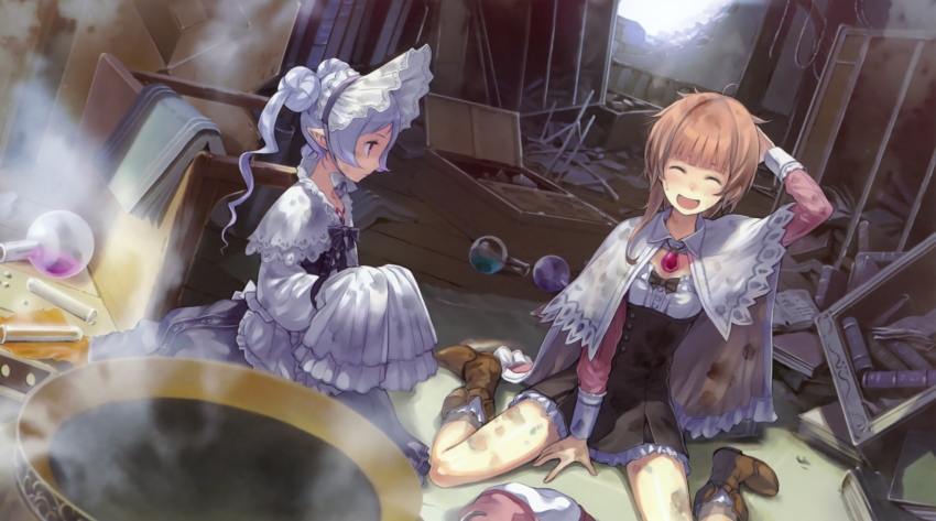 2girls atelier_(series) atelier_rorona blue_hair boots brown_hair dress closed_eyes female_focus highres hom_(atelier) indoors kishida_mel lolita_fashion long_hair multiple_girls open_mouth pointy_ears rorolina_frixell