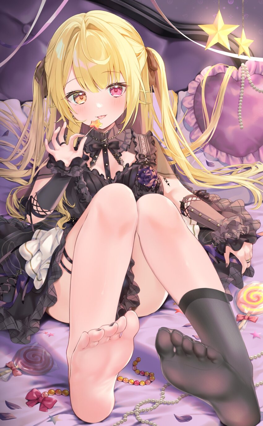 1girl absurdres black_dress black_nails black_socks blonde_hair candy closed_mouth dress food hair_ribbon heterochromia highres holding holding_candy holding_food holding_lollipop hoshikawa_sara hoshikawa_sara_(9th_costume) indoors jewelry lollipop long_hair looking_at_viewer nail_polish nijisanji on_bed red_eyes ribbon ring single_bare_foot single_sock sitting smile socks solo thigh_strap tojo_(natumi1412) tongue tongue_out twintails virtual_youtuber