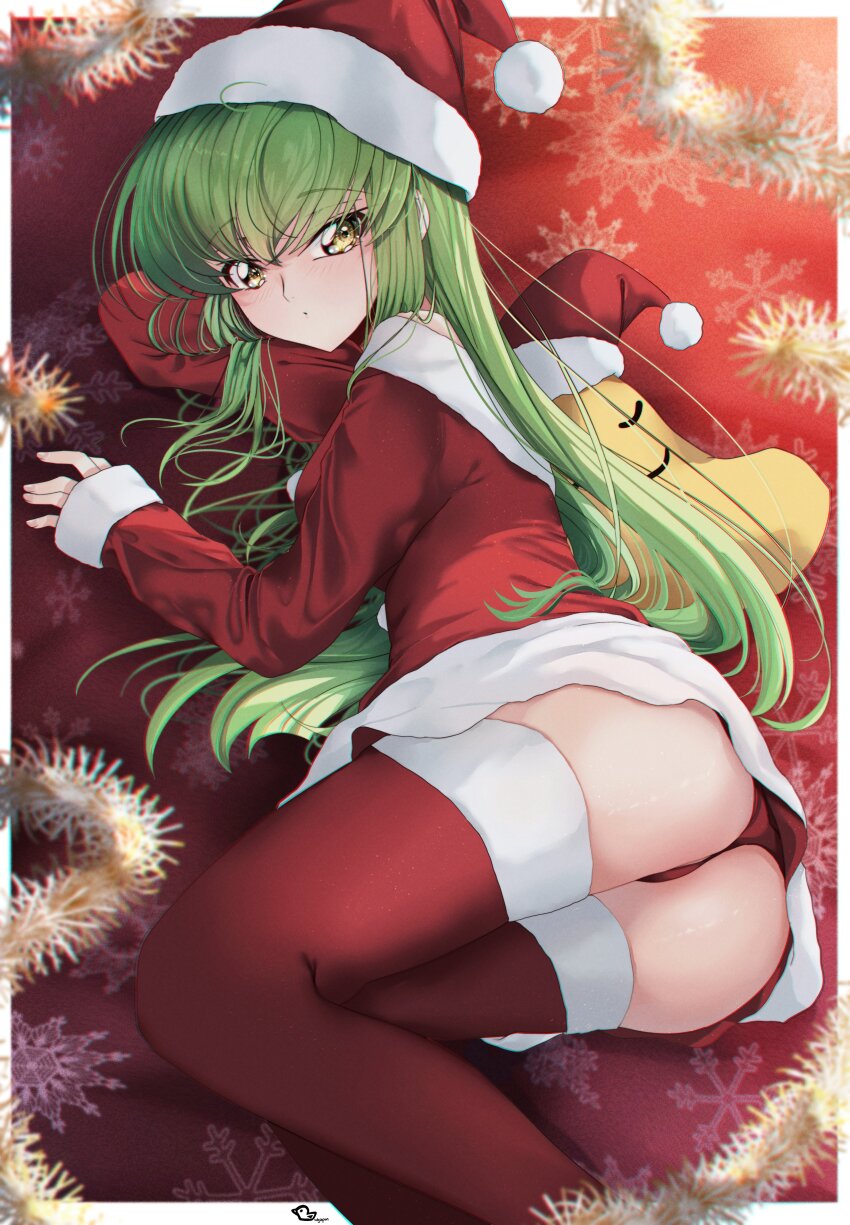 1girl :o absurdres arm_behind_head ass budgiepon c.c. christmas christmas_ornaments code_geass curvy full_body green_hair hair_over_shoulder hat highres long_hair lying on_side panties pantyshot red_background red_panties red_thighhighs santa_costume santa_hat snowflake_background solo straight_hair stuffed_toy thighhighs thighs underwear yellow_eyes