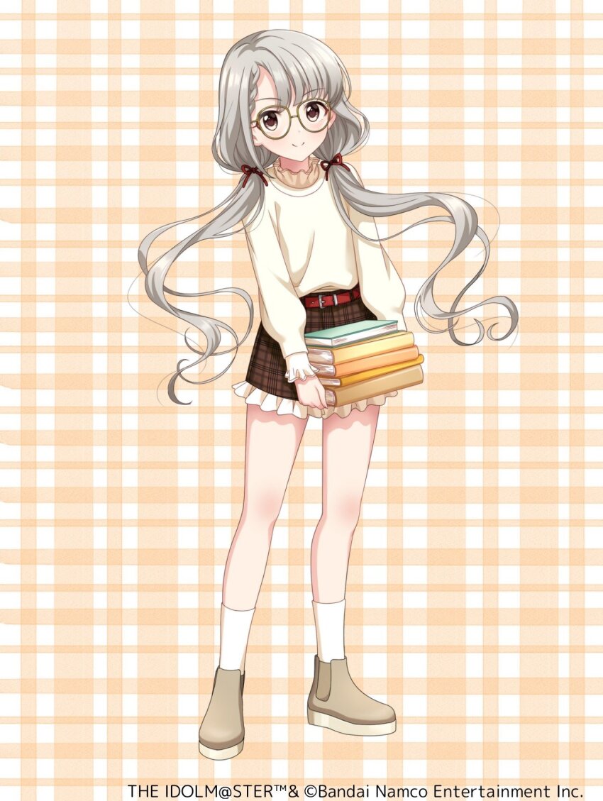 1girl belt bespectacled book book_stack frilled_shorts frills full_body glasses highres hisakawa_nagi idolmaster idolmaster_cinderella_girls long_hair looking_at_viewer low_twintails official_art short_shorts shorts smile solo sweater twintails yellow_eyes