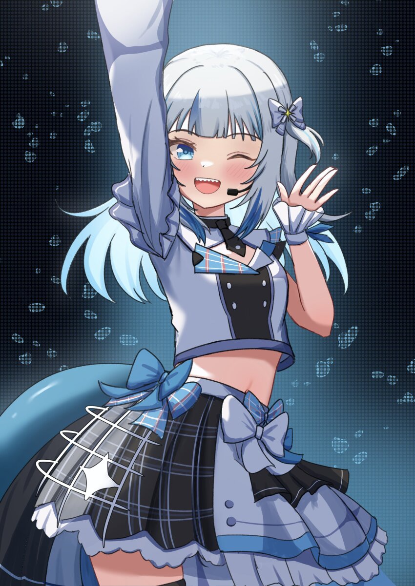 1girl absurdres arm_up black_skirt blue_eyes blue_hair blush fins fish_tail gawr_gura grey_hair headpiece highres hololive hololive_english hololive_idol_uniform_(bright) multicolored_clothes multicolored_skirt official_alternate_costume one_eye_closed shark_girl shark_tail sharkudon sharp_teeth shirt skirt smile solo tail teeth two_side_up upper_teeth_only virtual_youtuber white_shirt white_skirt