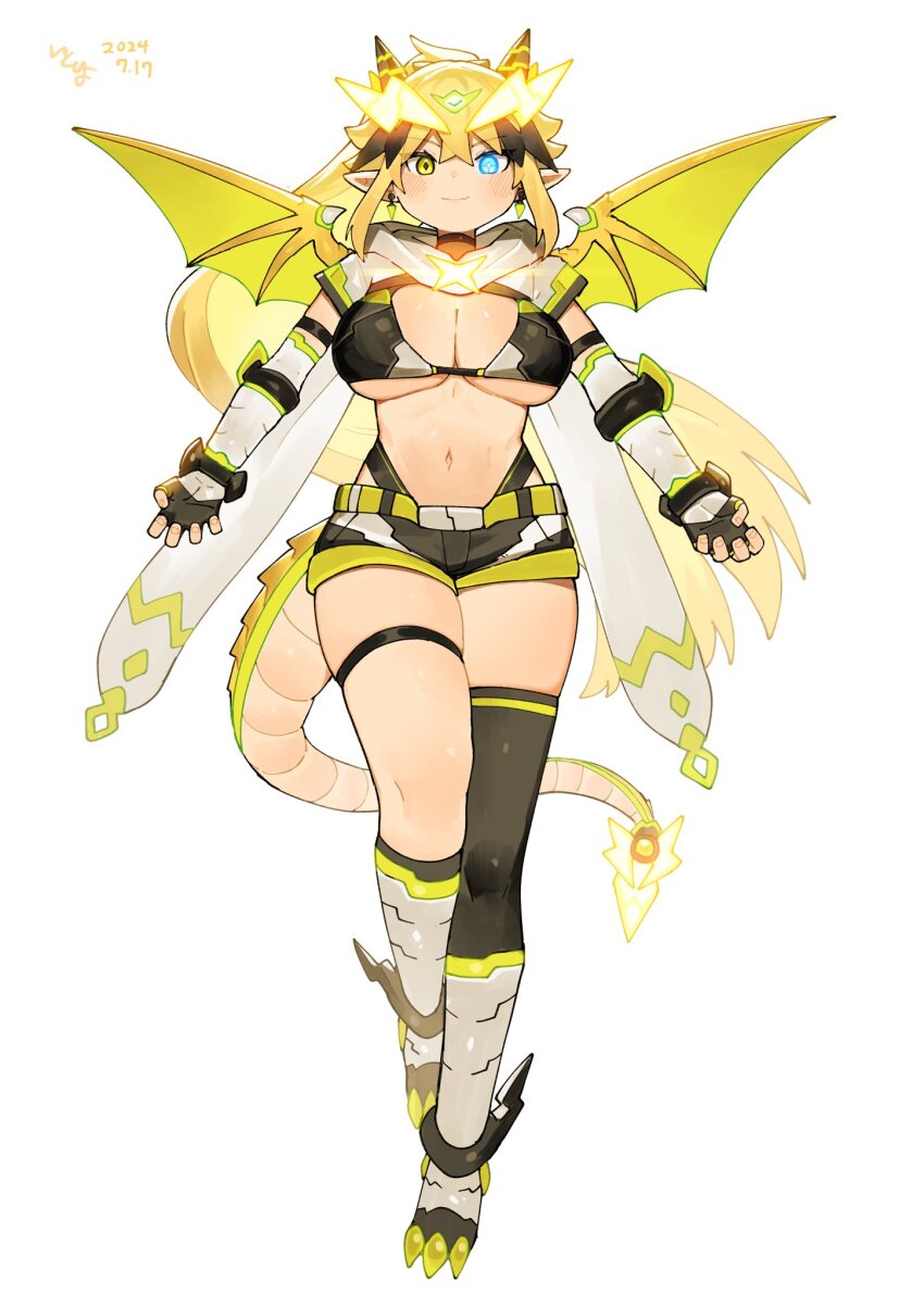 1girl bikini blonde_hair blue_eyes breasts choker crossed_bangs dragon_girl dragon_horns dragon_tail dragon_wings fingerless_gloves gloves hair_between_eyes hair_ornament highres horns itoriyo large_breasts lightning_bolt lightning_bolt_hair_ornament lightning_bolt_symbol long_hair navel original pointy_ears ponytail raisei_no_ryu_tsukai san-chan short_shorts shorts sidelocks simple_background swimsuit tail toned toned_female white_background wings yellow_eyes