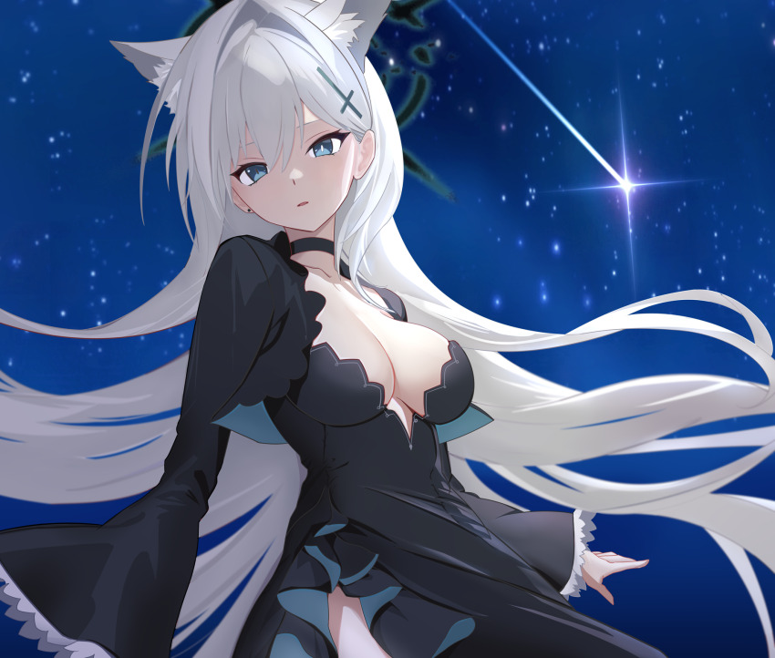 1girl ahoge animal_ear_fluff animal_ears black_choker black_dress black_halo blue_archive blue_eyes breasts broken_halo choker cleavage cross cross_hair_ornament dark_halo dress extra_ears grey_hair hair_between_eyes hair_ornament halo highres inverted_cross large_breasts long_hair long_sleeves looking_at_viewer mismatched_pupils night night_sky shiroko_(blue_archive) shiroko_terror_(blue_archive) shooting_star sky solo star_(sky) starry_sky telescope wide_sleeves wolf_ears wolf_girl zhnyy3