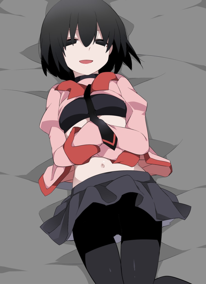 10s 1girl :d bed bed_sheet black_eyes black_hair black_necktie black_skirt blank_eyes blazer blouse breasts choker cowboy_shot female_focus hammer_(sunset_beach) hands_in_opposite_sleeves highres jacket juliet_sleeves long_sleeves looking_at_viewer lying monogatari_(series) navel necktie no_pupils on_back on_bed open_mouth oshino_ougi owarimonogatari pantyhose pink_jacket pink_shirt puffy_sleeves shirt short_hair skirt small_breasts smile solo sports_bra thigh_gap upskirt