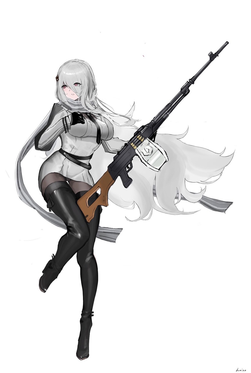 1girl bad_id bad_pixiv_id black_gloves boots breasts commentary_request domino42299029 dress eyes_visible_through_hair full_body girls&#039;_frontline gloves grey_dress grey_scarf gun hair_ornament hair_over_one_eye highres holding holding_gun holding_weapon large_breasts leg_up long_hair looking_to_the_side machine_gun necktie open_mouth pantyhose pk_(girls&#039;_frontline) pk_machine_gun scarf silver_hair simple_background solo thigh_boots thighhighs weapon white_background