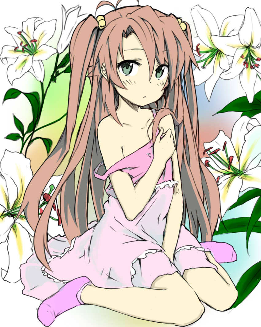 1girl antenna_hair between_legs blush brown_hair dress expressionless feet female_focus flower full_body green_eyes hair_bobbles hair_ornament hand_between_legs highres koshigaya_komari lily_(flower) long_hair looking_at_viewer no_shoes non_non_biyori off_shoulder shuucream_(syuichi) sitting socks solo two_side_up very_long_hair wariza